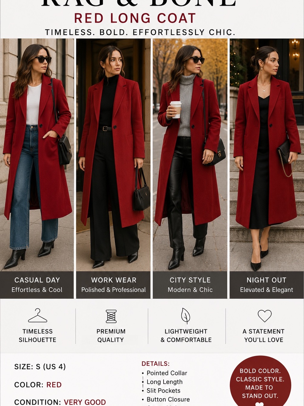 Rag & Bone Red Long Tailored Coat Size S US 4 Classic Designer